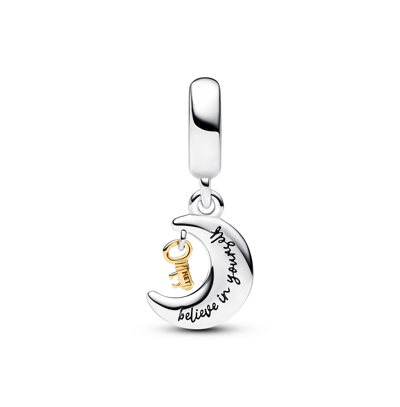 Pandora Cubic Zirconia Two-tone Key Moon Dangle Charm In Pink