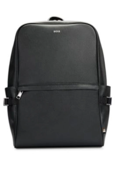 Shop Hugo Boss Structured-leather Backpack With Silver-tone Logo In Black