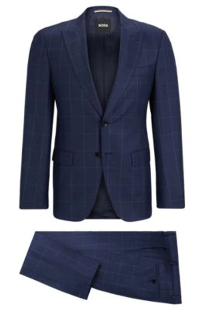 Shop Hugo Boss Slim-fit Two-piece Suit In Checked Virgin Wool In Dark Blue