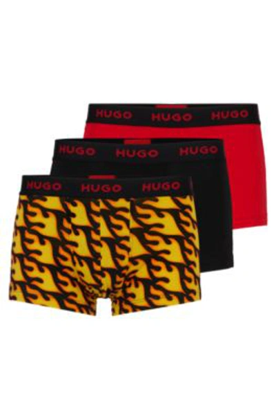 Shop Hugo Triple-pack Of Stretch-cotton Trunks With Logo Waistbands In Red