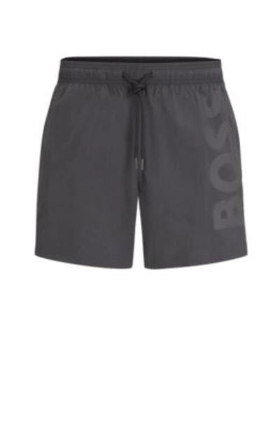 Shop Hugo Boss Quick-dry Swim Shorts With Large Logo Print In Grey