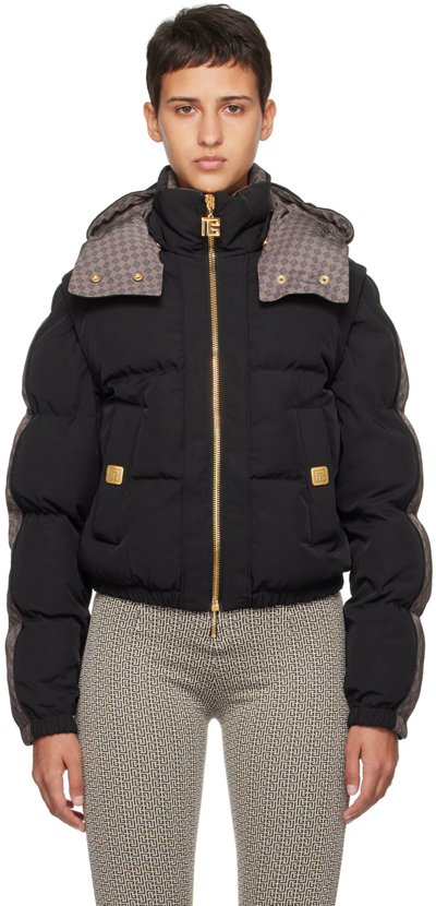 Balmain Mini Monogram Down Jacket In Ehx Noir/marron/marr
