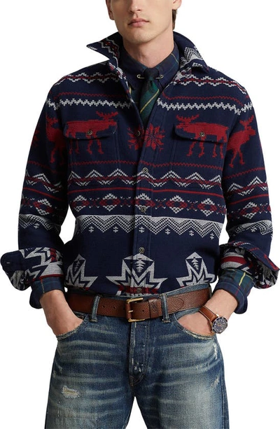 Shop Polo Ralph Lauren Holiday Jacquard Button-up Shirt In Navy Holiday Jacquard