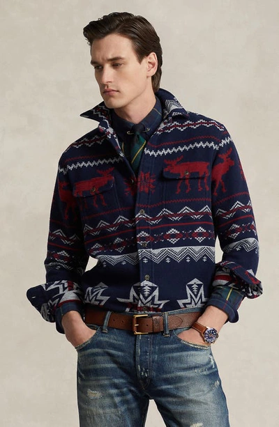 Shop Polo Ralph Lauren Holiday Jacquard Button-up Shirt In Navy Holiday Jacquard