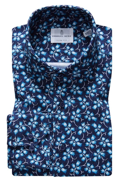 Shop Emanuel Berg 4flex Slim Fit Floral Knit Button-up Shirt In Dark Blue