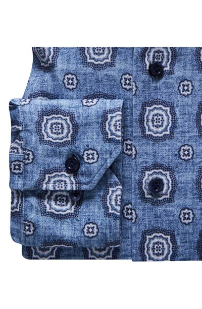 Shop Emanuel Berg 4flex Modern Fit Print Knit Button-up Shirt In Medium Blue