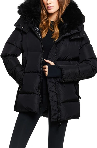 Shop Sam Scarlett Faux Fur Trim Water-resistant Hooded Down Puffer Jacket In Matte Black