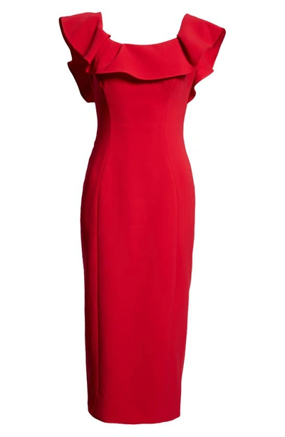 Shop Carolina Herrera Ruffle Neck Sleeveless Crepe Pencil Dress In Crimson