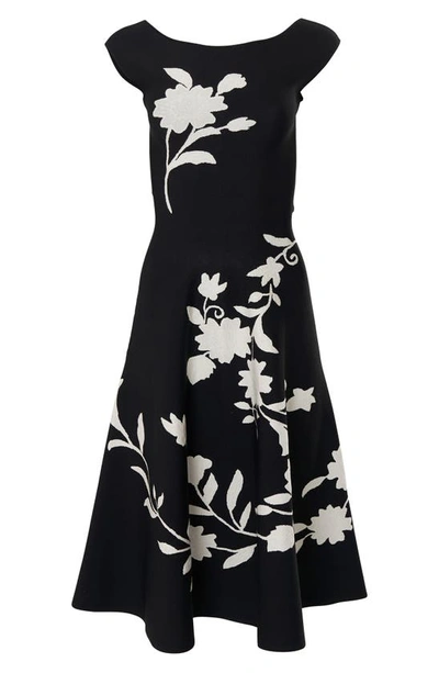Shop Carolina Herrera Floral Print Cap Sleeve Knit Midi Dress In Black Multi