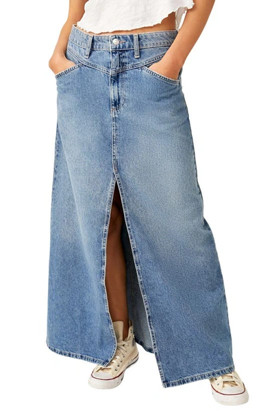 Shop Free People Come As You Are Denim Maxi Skirt In Sapphire Blue Slit