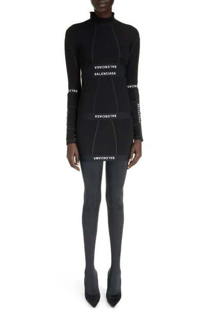 Shop Balenciaga Patched Brief Logo Long Sleeve Stretch Cotton Minidress In Black/ White