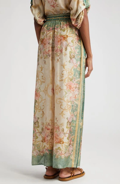 Shop Zimmermann August Placement Print Silk Wide Leg Pants In Khaki Floral