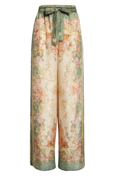 Shop Zimmermann August Placement Print Silk Wide Leg Pants In Khaki Floral