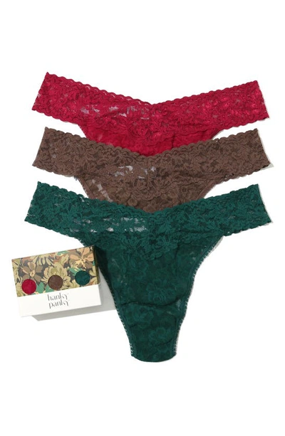Shop Hanky Panky Assorted 3-pack Lace Original Rise Thongs In Cranberry/ Cappuccino/ Ivy