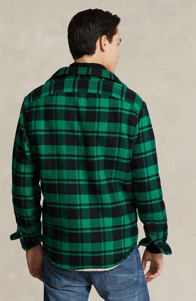 Shop Polo Ralph Lauren Plaid Fleece Lined Wool Blend Flannel Button-up Shirt Jacket In Billiard/ Polo Black
