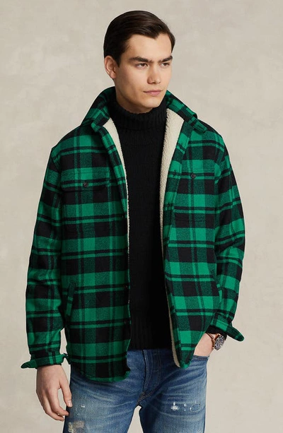 Shop Polo Ralph Lauren Plaid Fleece Lined Wool Blend Flannel Button-up Shirt Jacket In Billiard/ Polo Black