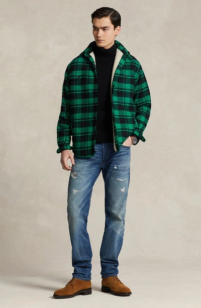 Shop Polo Ralph Lauren Plaid Fleece Lined Wool Blend Flannel Button-up Shirt Jacket In Billiard/ Polo Black