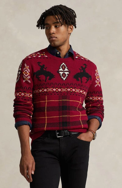 Shop Polo Ralph Lauren Fair Isle Wool Blend Crewneck Sweater In Red Combo