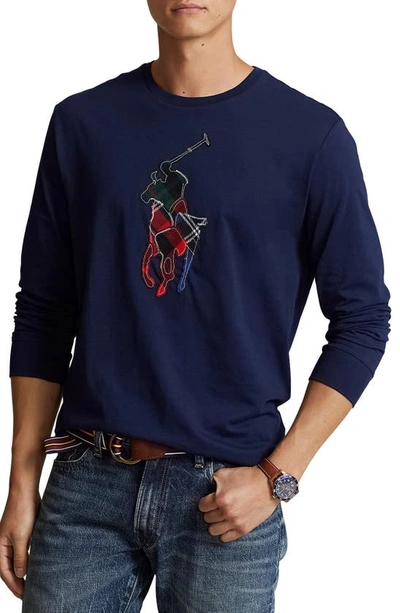 Shop Polo Ralph Lauren Appliqué Logo Long Sleeve T-shirt In Cruise Navy