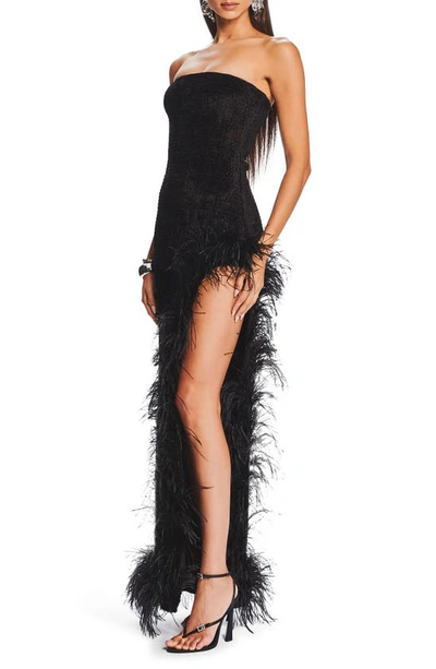 Shop Retroféte Lula Feather Trim Strapless Gown In Black
