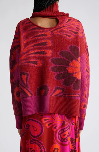 Shop Farm Rio Floral Pattern Cutout Turtleneck Sweater In Bold Floral Pink
