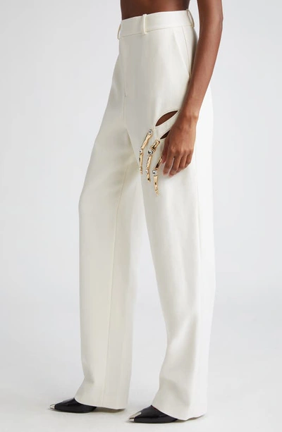 Shop Area Crystal Claw Cutout Stretch Virgin Wool Straight Leg Trousers In Ivory