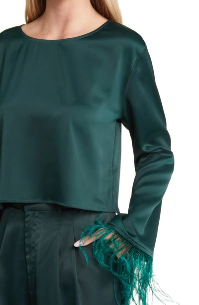 Shop Wayf Merci Feather Cuff Satin Top In Emerald