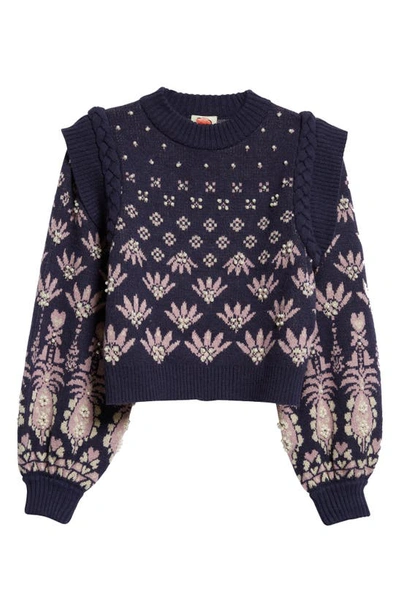 Shop Farm Rio Ainika Martina Imitation Pearl Beaded Knit Sweater In Dark Blue