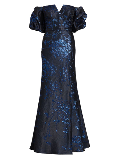 Shop Rene Ruiz Collection Women's Jacquard Puff-sleeve Fit-&-flare Gown In Navy
