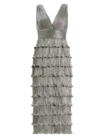 Shop Zac Posen Women's Pleated Metallic Ruffled Midi-dress In Silver