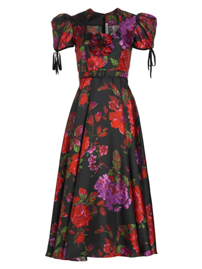 Shop Rodarte Women's Floral Silk Puff-sleeve Midi-dress In Black