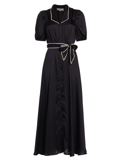 Shop The Great Women's Melody Belted Satin Midi-dress In Black W Cream Piping