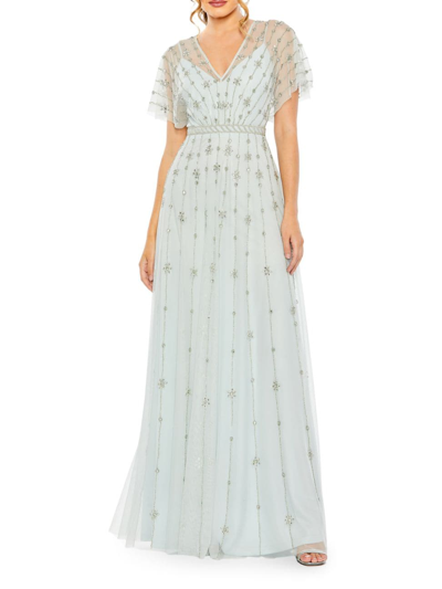 Shop Mac Duggal Women's Crystal-embellished Flutter-sleeve A-line Gown In Mist