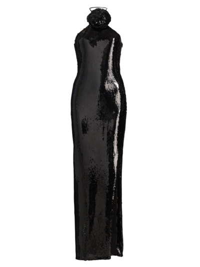 Shop Rodarte Women's Flower Sequined Halter Body-con Gown In Black