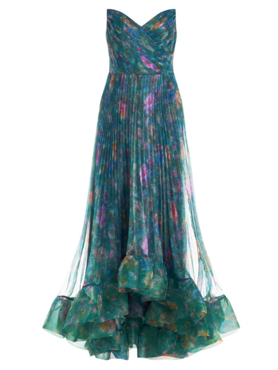 Shop Theia Women's Moira Strapless Pleated Floral Gown In Stippled Meadow
