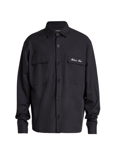 Shop Balmain Men's Signature Poplin Overshirt In Black