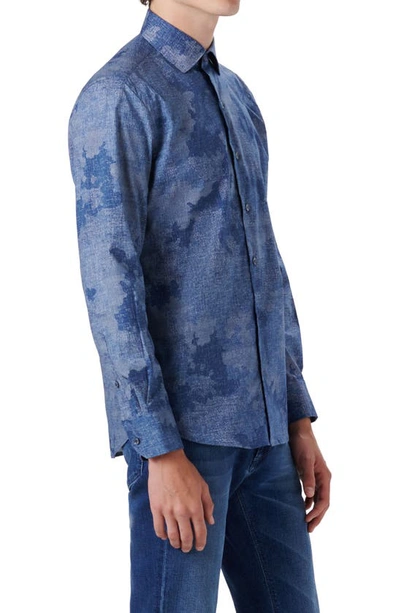 Shop Bugatchi Shaped Fit Camo Stretch Button-up Shirt In Denim