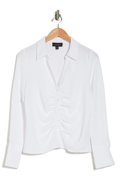 Shop Laundry By Shelli Segal Ruched Long Sleeve Button Front Top In White