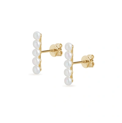Shop Olivia & Pearl Five Pearl Bar Stud Earrings In Fivebse/yg