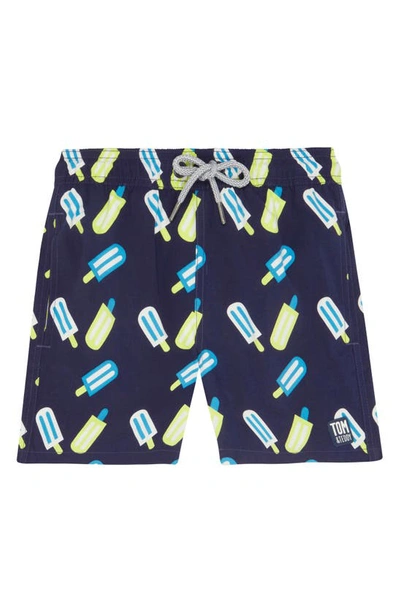 Shop Tom & Teddy Kids' Lollies Print Swim Trunks In Blue & Lime