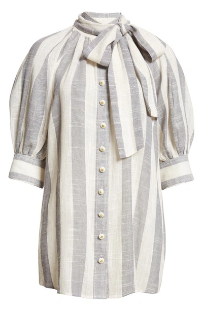 Shop Zimmermann Matchmaker Swing Stripe Tie Neck Button-up Shirt In Blue/ Cream Stripe