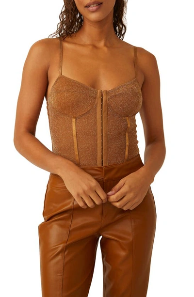 Shop Free People Shimmer Night Rhythm Corset Bodysuit In Bronze