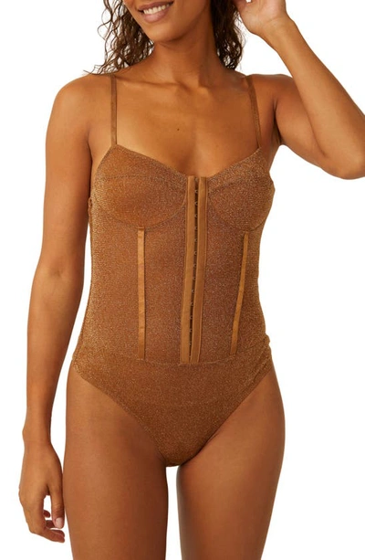Free People Shimmer Night Rhythm Corset Bodysuit In Bronze