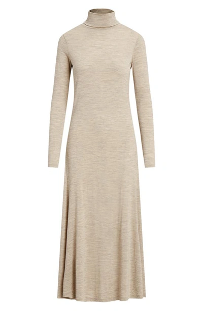 Shop Ralph Lauren Long Sleeve Turtleneck Wool Blend Jersey Dress In Tuscan Beige Heather