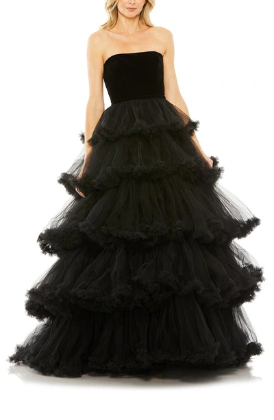 Shop Mac Duggal Mixed Media Strapless Tiered Ballgown In Black