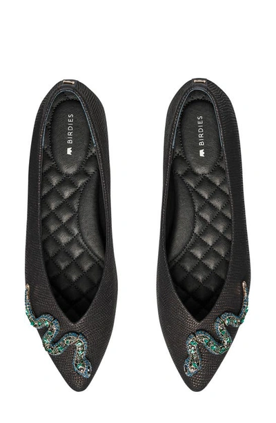Shop Birdies Goldfinch Pointed Toe Flat In Black Embossed Leather Snake
