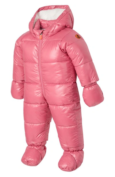 Shop Save The Duck Hooded Quilted Snowsuit With Removable Mittens In Bloom Pink