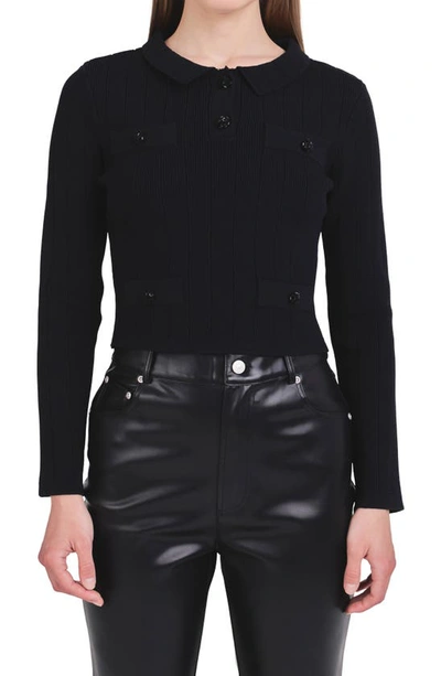 Endless Rose Rib Button Accent Knit Top In Black