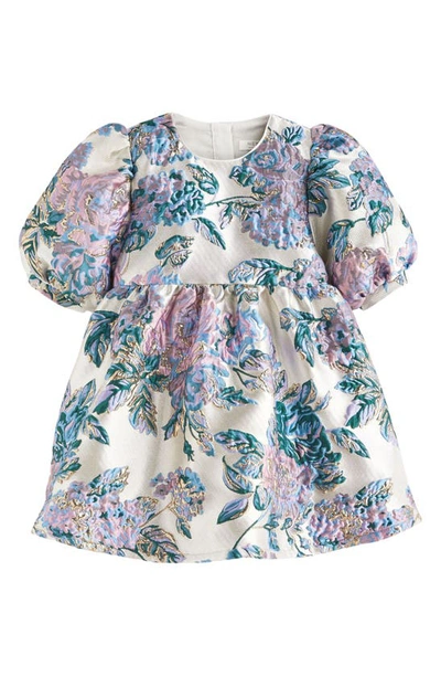 Next Kids' Floral Metallic Jacquard Puff Sleeve Dress In Silver