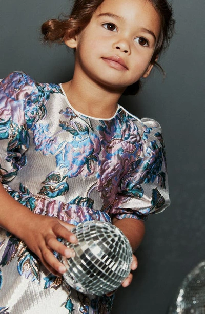 Next Kids' Floral Metallic Jacquard Puff Sleeve Dress In Silver